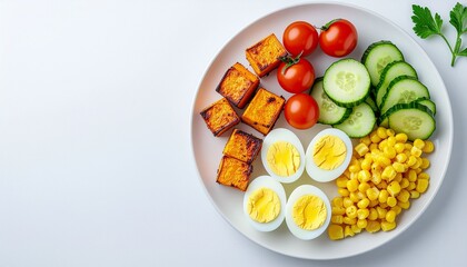 Healthy Hard-Boiled Egg Plate with Roasted Sweet Potato, Cucumbers, Corn, and Tomatoes