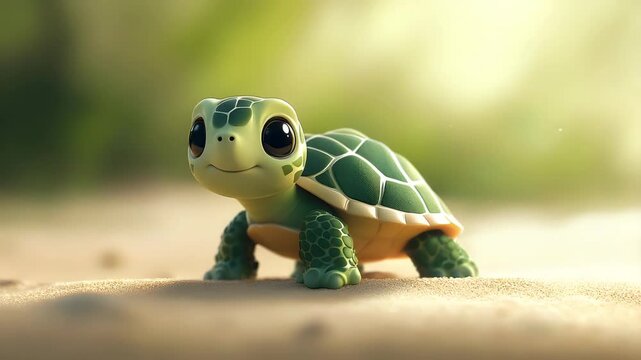 Cartoon baby turtle in minimalist design, cream-colored background