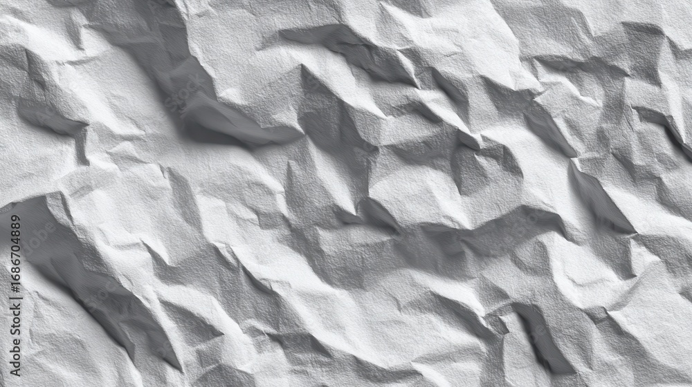 Poster crumpled paper texture close up exhibiting abstract patterns, with shadows and light emphasizing the