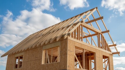 New house construction with wooden frame and blue sky in the background
