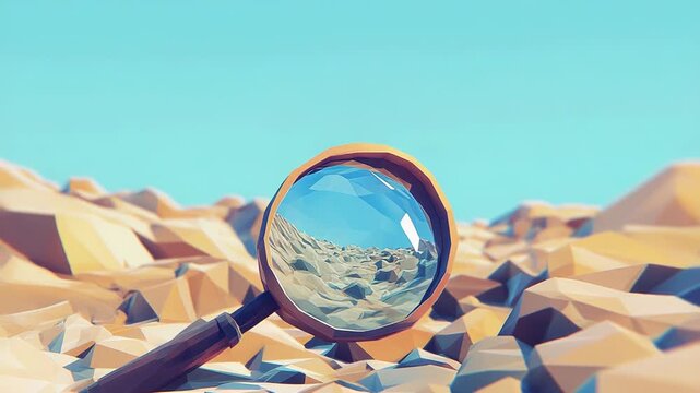 Magnifying glass exploring low poly desert landscape under blue sky