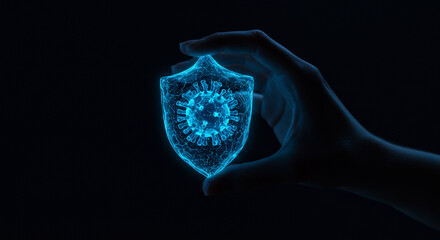 Securely holding a glowing virus shield, symbolizing protection against global health threats and pandemics