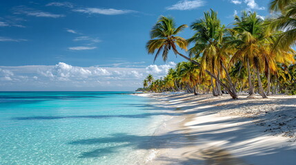 tropical beach with white sand, turquoise water, palm trees swaying in the wind, bright sunny day, vacation paradise