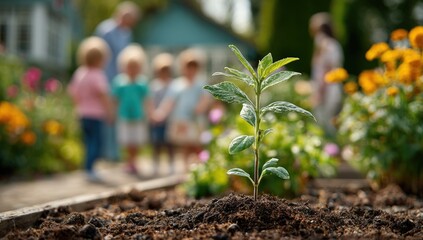 A young plant sprouts in the foreground; blurred family observes from the garden's edge