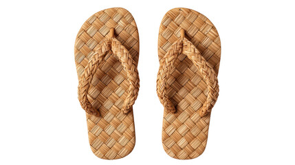 Flat lay of flip flops with woven straps, top view isolated on a Transparent background, PNG file.