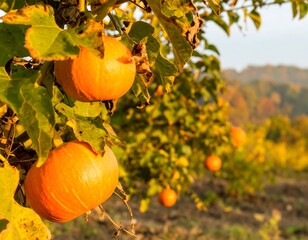 Autumn pumpkins hanging from vines
