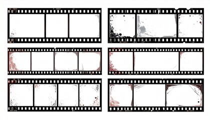 Collection of twelve filmstrip frames with sprocket holes and varied aged effects arranged in grid format for photography storytelling and vintage design visuals
