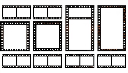 Collection of twelve filmstrip frames with sprocket holes and varied aged effects arranged in grid format for photography storytelling and vintage design visuals