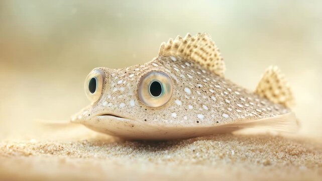 Cute cartoon flatfish with one eye, pastel sand background