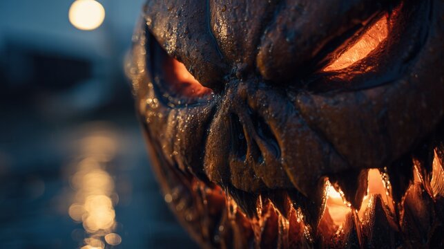 Close-up of a carved wet jack-o-lantern with menacing expression glowing inside