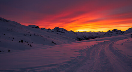 Fototapeta premium Fiery Sunset over Snowy Mountain Range