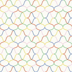 Seamless Pattern with Multicoloured Geometric Grid. Playful Curvy Colorful Lines Background. Multicolor Wavy Lattice Abstract Design