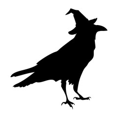 Logo con silueta de cuervo negro con sombrero de bruja para su uso en invitaciones y tarjetas de Halloween © teracreonte