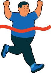 Overweight runner crossing the finish line with joy and victory