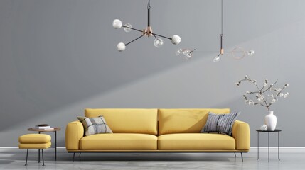Fashionable Yellow Sofa & Chandelier with Gray Wall Surface, Blending Comfortable Seating, Warm Atmosphere & Artistic Lighting Fixtures for Aesthetic Home Furnishing Inspiration