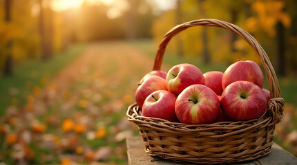 Harvest Bounty: A Basket of Fresh Apples in an Autumnal Landscape Photography