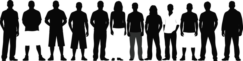 Diverse group of people silhouettes standing together, male and female figures, various poses, teamwork, community, unity, diversity vector illustration