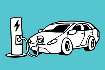 ketch doodle electric car charging at the charger station. Vector illustration.