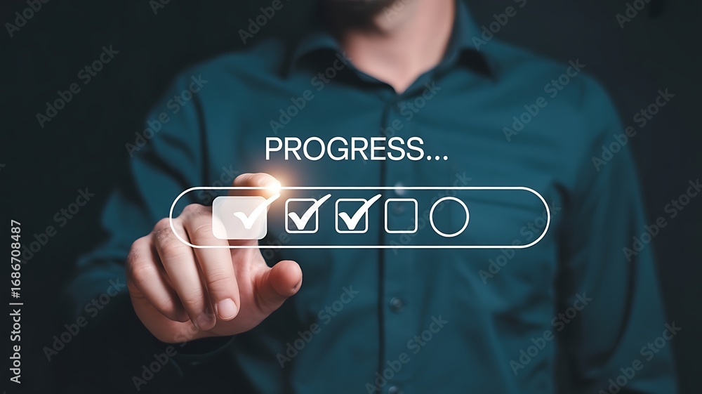 Poster man interacting with digital display showing progress checklist and success metrics