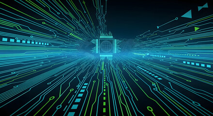 A futuristic journey through a high-speed digital network of glowing circuits leading to a central processor