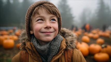 Boy with heterochromia enjoys fall day in pumpkin patch surrounded by vibrant pumpkins