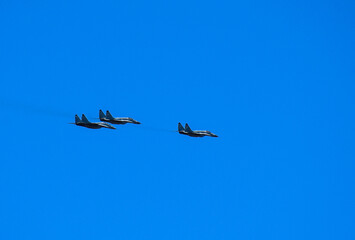 Military fighter jets in low-altitude flight over Belgrade, Serbia, skies, during an aerial exercise on August 2nd, 2025.