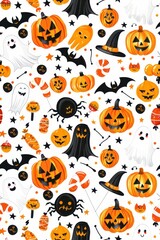 Halloween celebration with pumpkins, ghosts, and candy design for festive decor. Seamless pattern. Flat illustartion