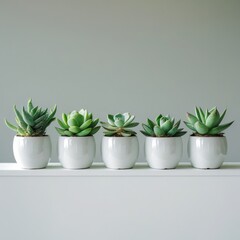 Obraz premium Five small succulents in white pots arranged in a row on a white shelf against a light gray background.