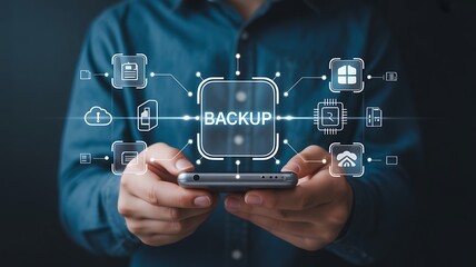 Person holding a smartphone displaying a futuristic glowing digital interface with data visualizations and icons.