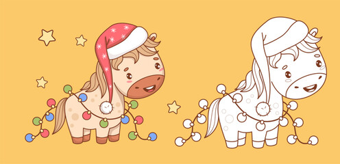 Cute Happy Christmas Horse Santa with New Year Garland set. Outline Line and Color drawing, Coloring page. Isolated Festive kawaii animal. Symbol 2026 to Eastern calendar. Vector illustration. Not AI