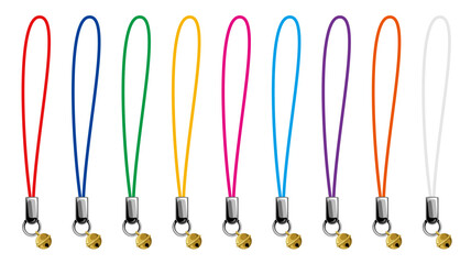 鈴付きストラップのカラーバリエーションセット｜シンプルなアクセサリーパーツベクター(Color Variation Set of Straps with Bells｜Simple Accessory Parts Vector Illustration)