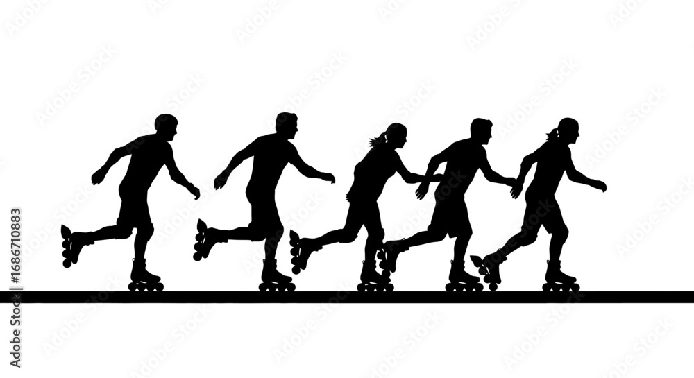 Poster silhouettes of rollerbladers a dynamic skating team in motion, isolated on transparent background