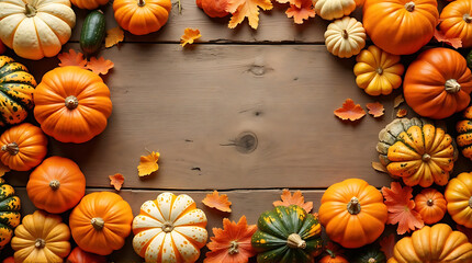 Festive autumn arrangement of pumpkins and fall leaves on rustic wooden surface