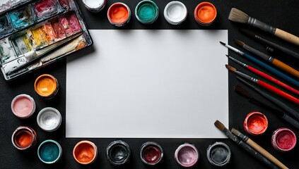 Colorful art supplies arranged around a blank canvas