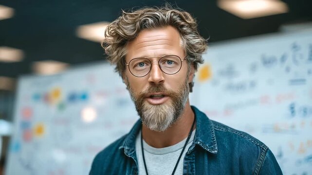 Smiling male teacher explaining math on classroom whiteboard, education, teaching, knowledge sharing