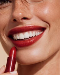 Naklejka premium Close-up of female model & elegant lips with radiant bright and vibrant color lips holding lipstick tube, professional beauty shoot for cosmetic, advertising and luxury makeup brand promotion