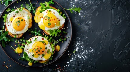 Delicious breakfast celebration for world egg day with fried eggs and fresh greens. Horizontal banner. Copy space. Healthy farm food. Toast with fried egg. Top view. Flat lay