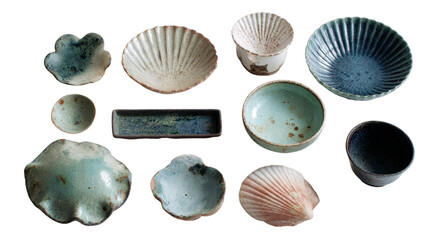 Flat lay of Japanese-style handmade ceramics arranged isolated on a Transparent background, PNG file.
