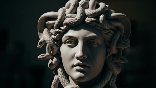 Marble statue of Medusa with detailed snake hair and stern expression, Greek mythology sculpture