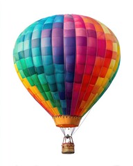 Naklejka premium A vibrantly colored hot air balloon soars, with patchwork hues of rainbow shades, basket attached, against a stark white backdrop