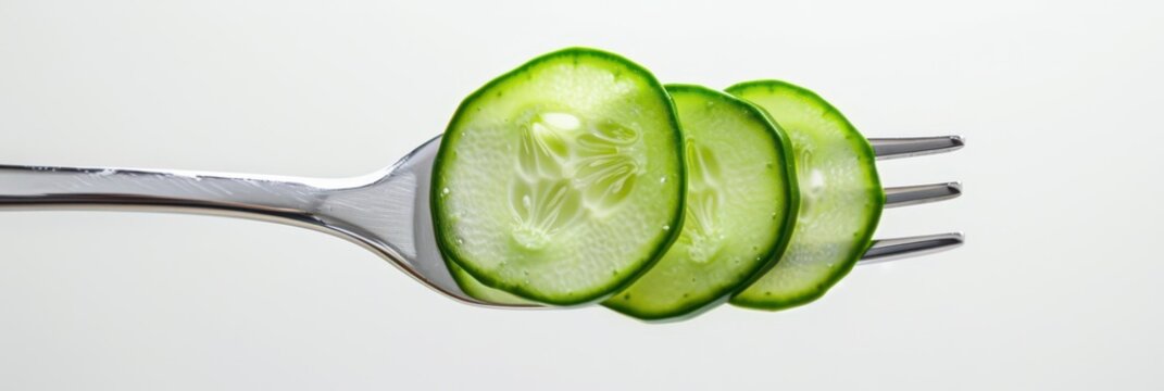 Fresh sliced cucumbers on fork for world vegan day celebration. Horizontal banner. Copy space. Healthy Food. World Vegetarian Day. Fork with a slice of cucumber