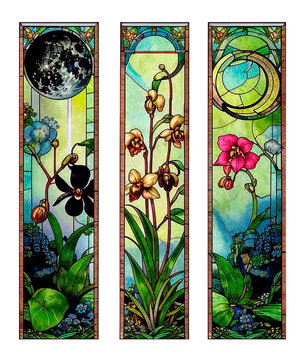 A set of three book bookmarks, vertical panels in the style of a stained-glass window with orchids on a moonlit night.