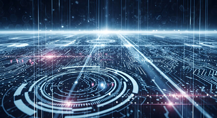 Futuristic technology concept showcasing a high-speed data stream flowing through a complex digital circuit board landscape
