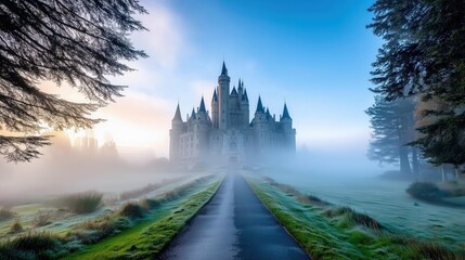 Foggy Landscape Showcasing Majestic Castle Under Soft Blue Sky with Enchanting Atmosphere
