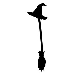 Logo con silueta de sombrero y escoba de bruja para su uso en invitaciones y tarjetas de Halloween © teracreonte