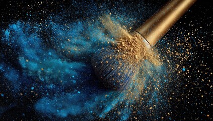 Golden makeup brush exploding with vibrant blue and gold powder