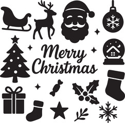 Merry Christmas Silhouette Vector with Festive Holiday Icons