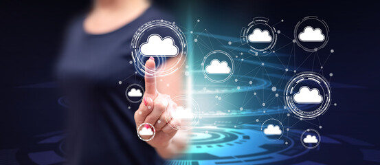 Woman touching a cloud networking concept