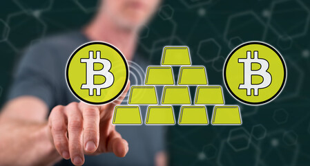 Man touching a bitcoin virtual gold concept