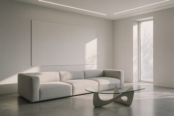 Minimalist luxury living room with white sofa, glass coffee table, and sunlight casting soft shadows.